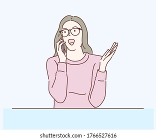 Business woman talking on her mobile phone. Hand drawn in thin line style, vector illustrations.
