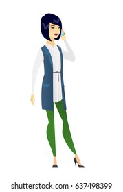 Business woman talking on a mobile phone. Business woman talking on cell phone. Full length of business woman talking on a mobile phone. Vector flat design illustration isolated on white background.