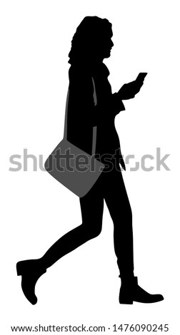 Business woman talking on the mobile phone silhouette. Woman walking vector illustration isolated on white background. Active lady urban scene. Selfie by online story on internet. Wi Fi finding around
