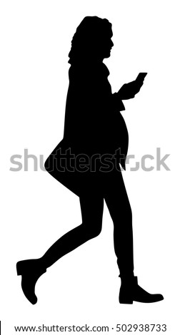 Business woman talking on the mobile phone silhouette. Woman walking vector illustration isolated on white background. Active lady urban scene. Selfie by online story on internet. Wi fi finding around