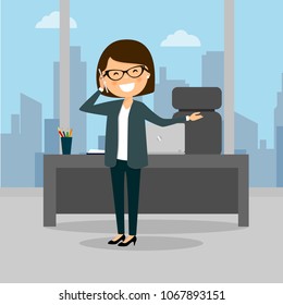 Business woman talking on the phone at the work. City background