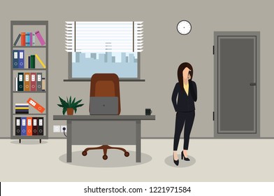 Business woman talking on the phone in office. Office workplace with table, bookcase, window, desk, chair, clock. Vector illustration.