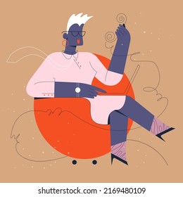 business woman talking on the phone stylish woman woman  sitting in a chair. A girl employee in a armchair speaks, thinks, works at a laptop, gestures. Vector illustration in cartoon style