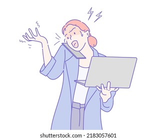 Business woman talking on the phone with frustration and use a laptop computer. Hand drawn in thin line style, vector illustrations.