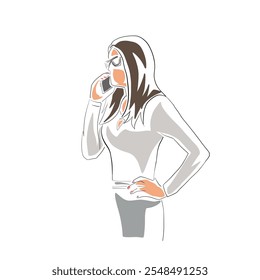 Business woman talking on phone call, isolated vector line art drawing illustration. Female professional calling. Mobile phone