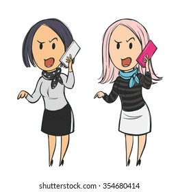 Business woman talking on the phone emotionally shouting in anger, cartoon