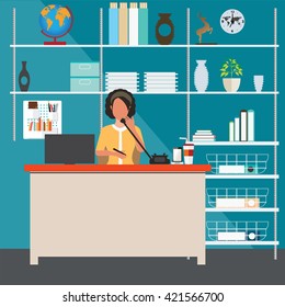 Business woman talking on the phone in office, Interior office room, office desk, conceptual vector illustration.