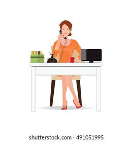 Business woman talking on the phone in office isolated on white, Interior office room, office desk, character  flat design vector illustration.