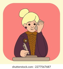 Business woman talking on a smartphone. Portrait of a young woman in cartoon style. Vector cheerful character. Color illustration.