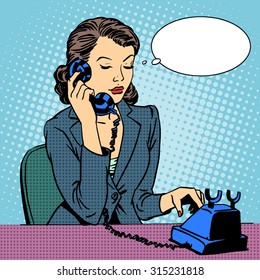 Business woman talking phone. Businesswoman in the office. Retro pop art style