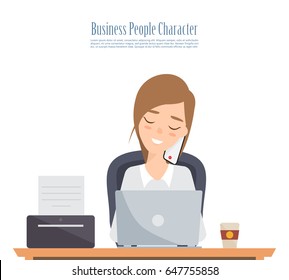 Business woman talking phone and using a laptop. Illustration vector of flat design.