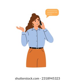 Mujer de negocios habla con el teléfono móvil. Chica charlando en el teléfono celular. Ilustración gráfica plana aislada en fondo blanco.