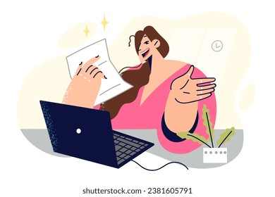 Business woman with tax return smiling sitting at table with laptop and happy about minimizing expenses. Girl accountant keeps tax records and fills out documents through online form on website.