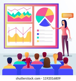 Business woman teacher auditor speaker talking presenting lecture. Public motivational presentation project. Vector flat cartoon graphic design illustration