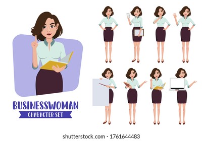 Business woman teacher character vector set. Businesswoman female teacher characters in school teaching and presenting business presentation for school and business collection design.