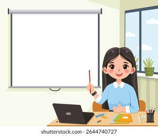 Business woman teacher with pointer sitting at the table in front of interactive whiteboard in the light room. Background for Education concept. Vector illustration in flat cartoon style