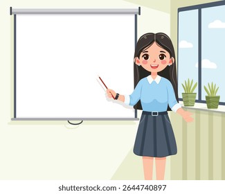 Business woman teacher with pointer standing in front of interactive whiteboard in the light room. Background for Education concept. Poster, banner, template. Vector illustration in flat cartoon style