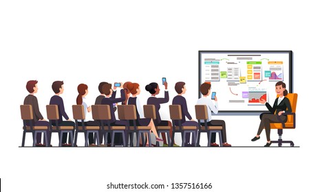 Business woman teacher trainer delivering lecture or presentation speech at business strategy convention to sitting audience group in classroom using whiteboard. Flat vector character illustration