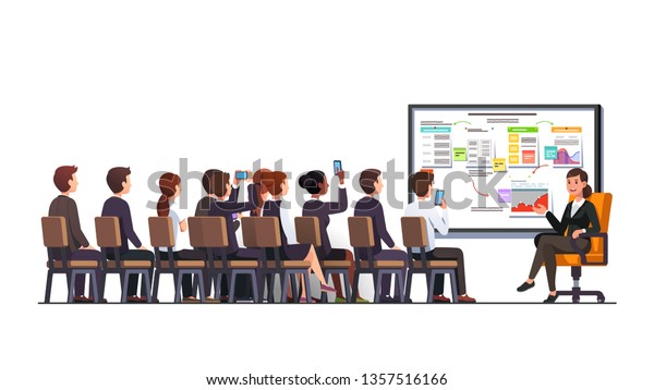 ビジネス戦略会議で講義やプレゼンテーション のスピーチを行い ホワイトボードを使って教室の聴衆を集めるビジネスマンの教師トレーナー 平らなベクター画像の文字イラスト のベクター画像素材 ロイヤリティフリー