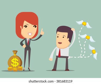 Business woman teaches a man who had lost the money, how to keep them, vector illustration