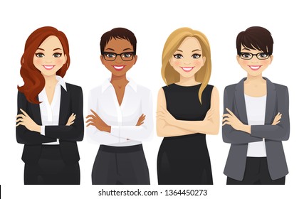 Business woman team set with arms crossed isolated vector illustration