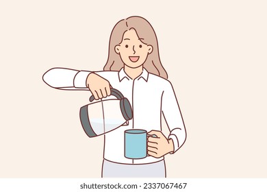 Business woman with teapot and mug looks at camera, pouring hot beverage to cheer up and continue productive work. Successful girl office employee in business clothes offers to drink tea or coffee