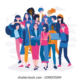Business Woman in tech. Stronger together, Happy women or girls standing together , girls, power, strong, strength, feminism Feminine, woman empowerment, vector illustration. 