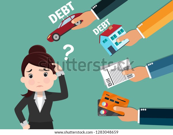 Business woman thinking about debt ,\
Business concept - Vector\
illustration.