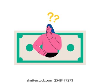 Mulher de negócios pensando em investimento. Conceito de escolha financeira. Ilustração de vetor plano isolada no plano de fundo branco

