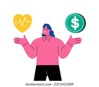 Business woman thinking about money and healthcare. Character making difficult decision. Flat vector illustration isolated on white background
