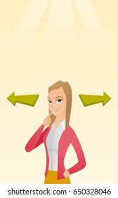 Business woman thinking about solution of business problem. Businesswoman with two arrows symbolizing business solution. Business solution concept. Vector flat design illustration. Vertical layout.