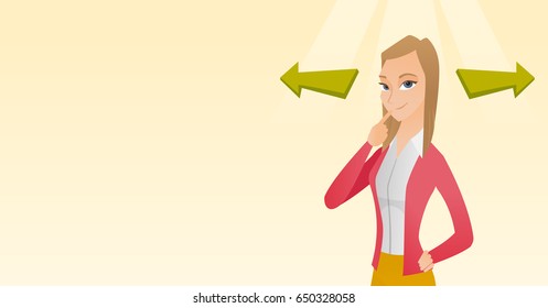 Mujer empresaria pensando en la solución del problema empresarial. Mujer de negocios con dos flechas que simbolizan la solución de negocios. Concepto de solución empresarial. Ilustración de diseño plana vectorial. Diseño horizontal.