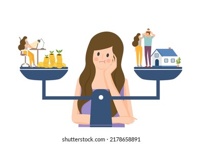 Business woman is thinking about work life balance vector, a woman’s working for lot of money vector, flat design of work life balance concept, time management concept vector design.