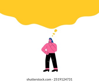 Business woman thinking in a big bubble. Concepts of big thinking, imagination and creativity. Flat vector illustration isolated on white background

