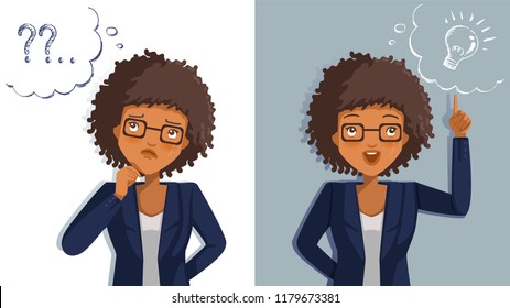 Business woman thinking. Emotions and gestures. Think not, do not understand, Think out. Concept The sharpness of the vision superior to competitors. Contradictory emotions.  illustrations vector. 