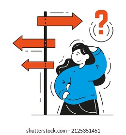 Business woman thinking making decision with arrow destination signpost and question mark vector flat illustration. Female doubt about options confusion choose direction solving career opportunity