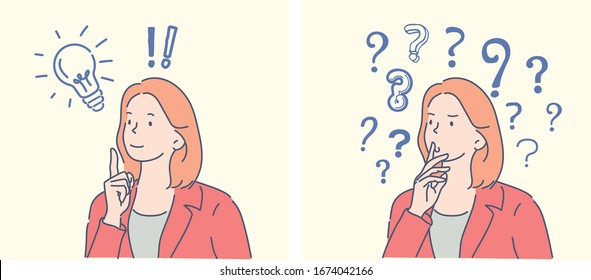 Business Woman thinking with question mark and getting of good ideas. Concept of choice and looking for answers. Hand drawn thin line style, vector illustrations.