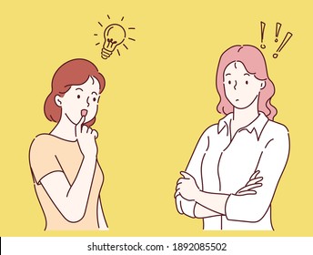 Business woman thinking with question mark and getting of good ideas. Concept of choice and looking for answers. Hand drawn in thin line style, vector illustrations.