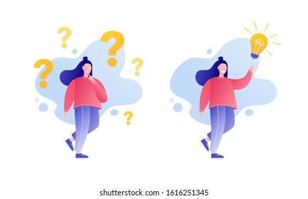 Business woman is thinking. Search for new ideas. Woman with bulb light idea. Idea concept. Vector illustration. 
