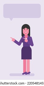 Business Woman Three Quarters Face Pointing Fingers At. Flat People. Vector Illustration