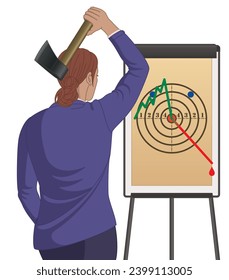 business woman throwing an axe at target with line graph showing loss, isolated on a white background