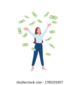 Business woman throwing cash up flat color vector faceless character. Successful lady. Financial achievement. Female millionaire isolated cartoon illustration for web graphic design and animation