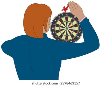 business woman throwing dart at dart board isolated on a white background