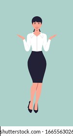 Business woman throws up her hands in surprise and joy. flat vector illustration.