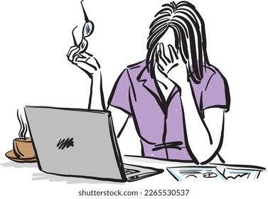 business woman tired stressed crying in front of laptop computer working vector illustration