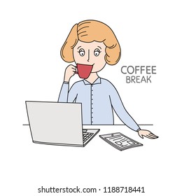 Business woman took a coffee break. Vector doodles. Lifestyle concept. 
