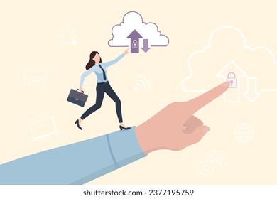 Mujer de negocios toca la red de iconos de computación en la nube.
Tecnología en la nube, almacenamiento y backup de datos, protección de datos en la nube, comunicación en Internet con servidores, nube digital