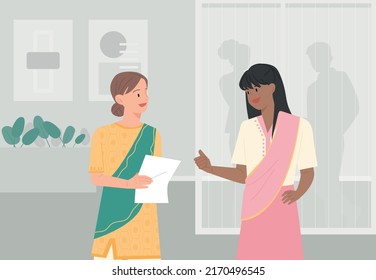 A business woman in traditional Indian attire is having a conversation. office background. flat design style vector illustration.