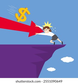 Business woman tries to save red arrow fall. Arrow Financial Crisis. Flat, Vector, Illustration, Cartoon, EPS10.   
