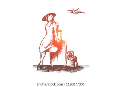 Business woman, business trip, travel time concept. Hand drawn woman with big suitcase and airplane. Female tourist with case isolated vector illustration.